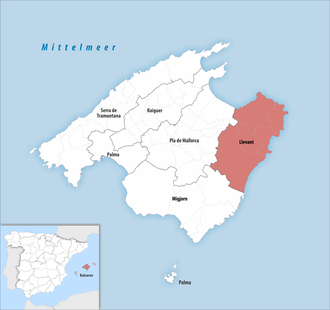Die Lage der Comarca Llevant auf der Insel Mallorca
