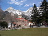 The central square of Katarraktis village and the mountains of Tzoumerka