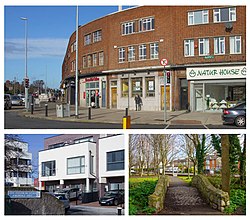 Clockwise from top: businesses in Kimmage's D6W area; a bridge in Poddle Park; a Ravensdale Drive sign in Kimmage's D12 area