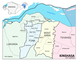 Mapo de la distriktoj kaj kvartaloj de Kinŝaso