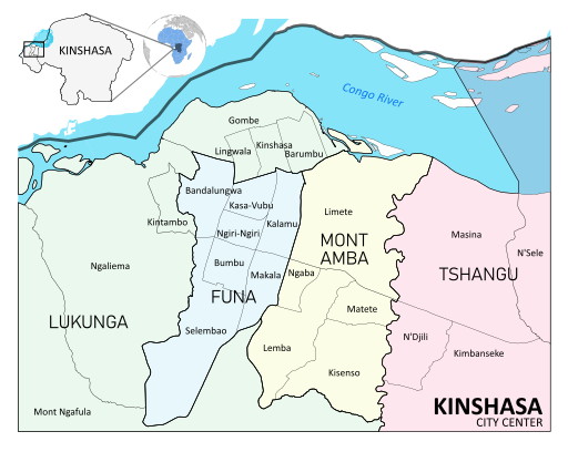Kinšasos komunų ir kvartalų žemėlapis (2021 m.)