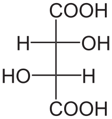 Diagramo montranta la strukturan formulon de la formo de "L" de tartrata acido, la plej grava organika acido en vino.