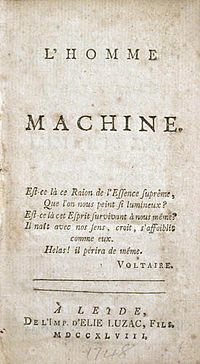 Title page of a 1748 French edition. LaMettrie L'homme machine.jpg