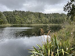 A still lake ringed by forest