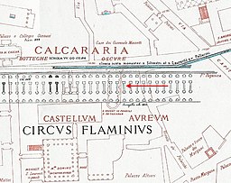 San Salvatore in Pensili de Sorraca, här benämnd S. SALVAT IN PENSILI (vid den röda pilen) i förhållande till Circus Flaminius på Rodolfo Lancianis karta över det antika och det moderna Rom från år 1893–1901.