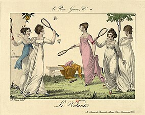 Illustration showing women playing badminton, hand-colored etching from the series Le Bon Genre, by François Joseph Bosio, 1801