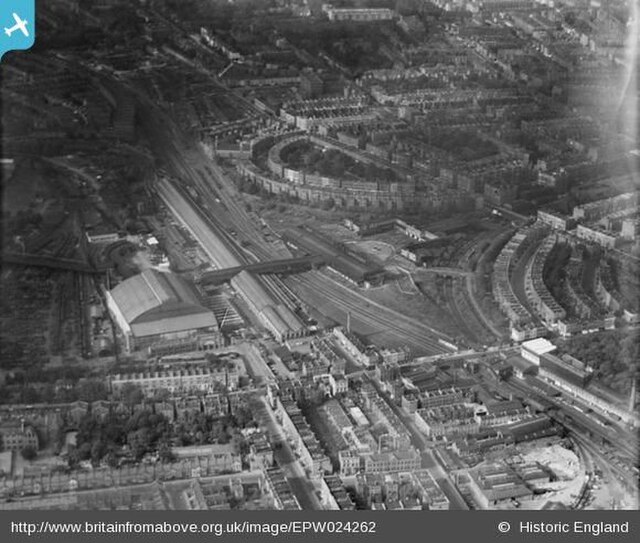 Empress Hall with Lillie Bridge Depot, Fulham, before Earl's Court Exhibition was built on the right, 1928-source: Britain from Above.