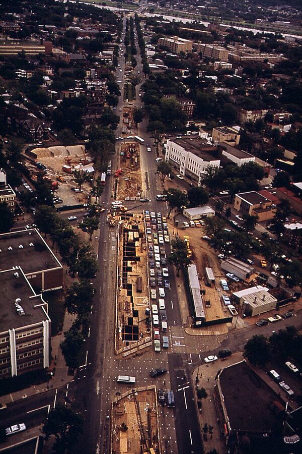 Aerial view of the Metro being constructed along Pennsylvania Avenue SE in 1973