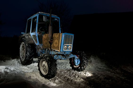 MTZ 82 light painting in winter night. Esotnia.