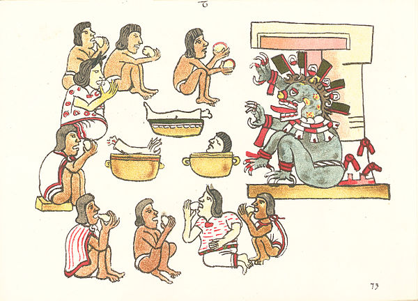 A scene depicting ritualistic cannibalism being practiced in the Codex Magliabechiano, folio 73r.