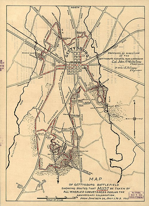 Map of Gettysburg battlefield showing routes that must be taken by all wheeled conveyances during the anniversary celebration, from June 28 to June 30, July 1 to 5, 1913.jpg