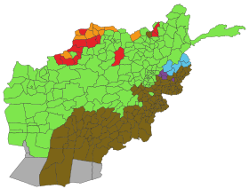 Les langues les plus importantes parlées en Afghanistan, par district (le dari figure en vert).
