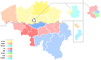 Map of results by constituency, province, or canton Map of the 2019 Belgian regional elections.svg