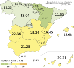 Map of unemployment by region. Q4 2021. Map with the unemployment rate in Spain by regions updated to January 2022 data.svg