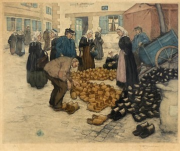 Marché aux sabots, aquatinte (1911), Musée départemental breton