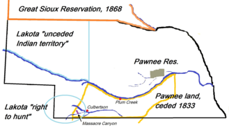 Nebraska map showing location of Pawnee Reservation and other Indian territories in 1873 Massacre Canyon battlefield (1873), Nebraska. Pawnee reservation and relevant Indian territories.png