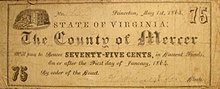 Mercer County, Virginia, paper currency, 75-cent denomination, 1863 Mercer County, Virginia, 75-cent note 1863.jpg