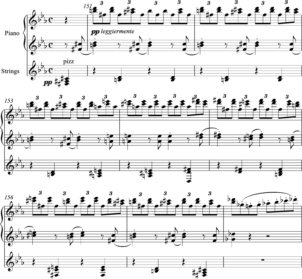Minor key version of the theme, with piano right hand elaborating the melody in triplets.
