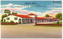Mission Motel on Route 99 in West Sacramento (c.1930s). Mission Motel, 1 1-2 M. West of State Capitol, Highways 40 and 99 W. West Sacramento, Calif (81523).jpg
