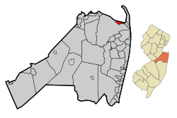 Karte der atlantischen Hochländer in Monmouth County.Einschub: Lage von Monmouth County in New Jersey.