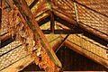 Thatch hut roof from below, with crossbeam holding up numerous small skulls surrounded by stringy brown leaves
