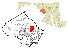 Montgomery County Maryland Zapsané a nezapsané oblasti Olney Highlighted.svg