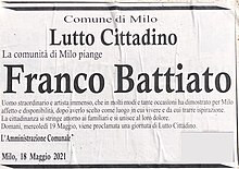 Necrologio di Franco Battiato a cura del Comune di Milo