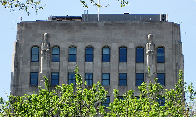 The top of the N. W. Ayer & Son headquarters building at 210 West Washington Square in Philadelphia, built in 1928 and designed by Ralph Bencker in th