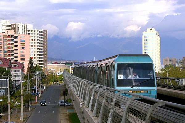 NS 93 train on an elevated portion of the line 5 of the Santiago Metro