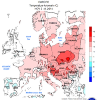 Temperaturabweichung 2.–8. (vom langjährigen Mittel dieser Tage): Die Föhngebiete im Nördlichen Alpenvorland und an den Dinariden, und das viel zu warme Osteuropa durch den verschleppten Scirocco