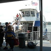 A NY Waterway ferry docked at the terminal
