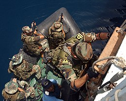 The Navy Special Service Group's VBSS Team boarded on the CRRC boat under the command of Lt. Uzair Khalid preparing to board on the rigid-hulled boat during the drill took place in Sea of Oman in 2005. Naval SSG.jpg