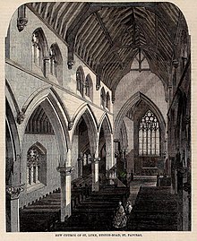 Interior of the new church of St Luke's, Euston Road, St. Pancras in 1861 New Church of St Luke's, Euston Road, St. Pancras ILN 1861 (14779610052) (cropped).jpg