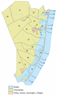 Index map of Ocean County municipalities (see index key in table below) Ocean County, New Jersey Municipalities (indexed map).png