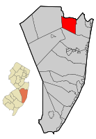 Map of Lakewood Township in Ocean County. Inset: Location of Ocean County highlighted in the State of New Jersey.