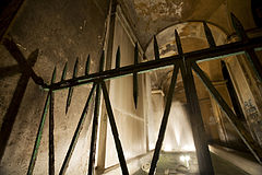 Old rusty Grates profiled against the fountains at Villa Giulia, Rome, Italy