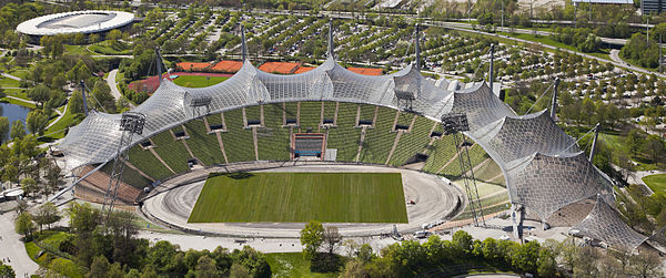 Aerial view of the Olympiastadion (host of the Olympic Games in 1972), Munich, Germany