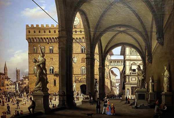 Painting of the Piazza della Signoria and Loggia dei Lanzi in Florence, 1830, Carlo Canella. From left, Fountain of Neptune, Rape of the Sabine by Gia