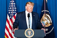 Donald Trump delivering remarks on the assassination of Qasem Soleimani on January 3, 2020 President Trump Delivers Remarks (49328109428).jpg