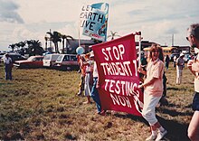 "Stop Trident I Testing Now" sign in 1987 protest at Cape Canaveral, Florida Protest against Trident II Missile, Cape Canaveral Florida, 1987 04.jpg