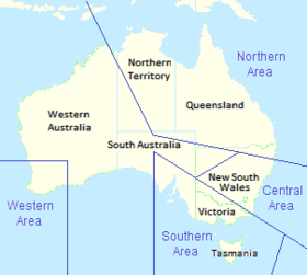 Mapa da Austrália mostrando as fronteiras estaduais, com as fronteiras do comando da área RAAF sobrepostas