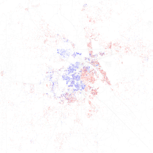 Map of racial distribution in Shreveport, 2010 U.S. census. Each dot is 25 people: White, Black, Asian, Hispanic or other (yellow).