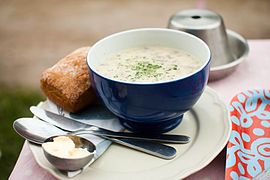A cheese soup prepared with reindeer cheese