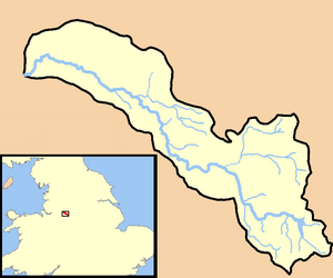 A map showing the River Dean and its tributaries within its catchment area. The direction of water flow is east to west. River Dean catchment area.png
