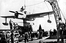 One of Columbia's floatplanes on her catapult SO3C on catapult of USS Columbia (CL-56) 1943.jpg