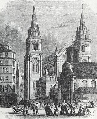 L'ancienne église Saint Ambroise devant la nouvelle en 1868