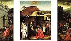 Adoration of the Magi. 1500-1540. oil on panelmedium QS:P186,Q296955;P186,Q106857709,P518,Q861259. 80.4 × 115.4 cm (31.6 × 45.4 in). Anderlecht, Erasmushuis.
