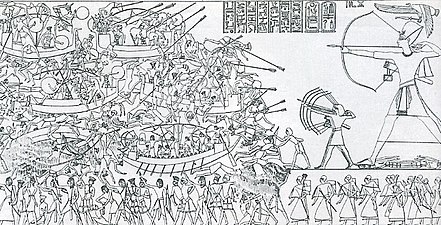 Batalla del Delta entre Ramsès III i els pobles de la mar al segle XII aC. Temple de Medinet Habu, Tebes.