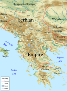 The Serbian Empire, a medieval state that emerged from the Kingdom of Serbia. It was established in 1346 by Dusan the Mighty Serbian Empire 1355 CE relief English.png