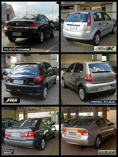 Six typical Brazilian full flex-fuel models from several carmakers, popularly known as "flex" cars, that run on any blend of ethanol and gasoline(actu